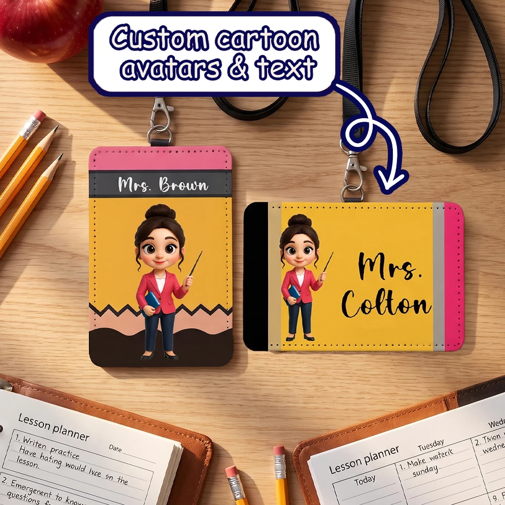 1pc Custom Cartoon Avatar Teacher ID Badge Holder,Personalized Name Card Sleeve,Teacher Appreciation Gift,School Staff,Work ID