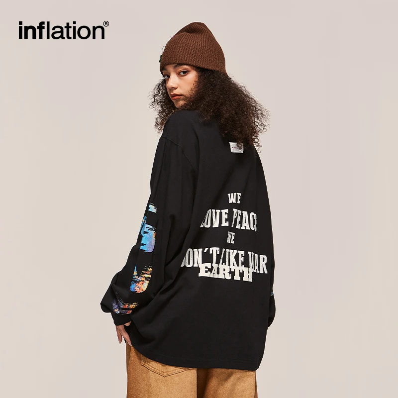 INFLATION Streetwear Oversize T-shirts Men Spring Long Sleeve Tees Unisex High Street Graphic Tops Plus Size 2473S23