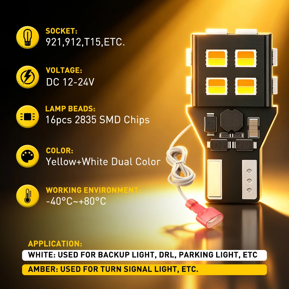 AUXITO Canbus T15 T16 LED Reverse Lights W16W 912 921 LED Car Back Up Rear Turn Signal Lamp Parking Bulb Dual Color White Yellow