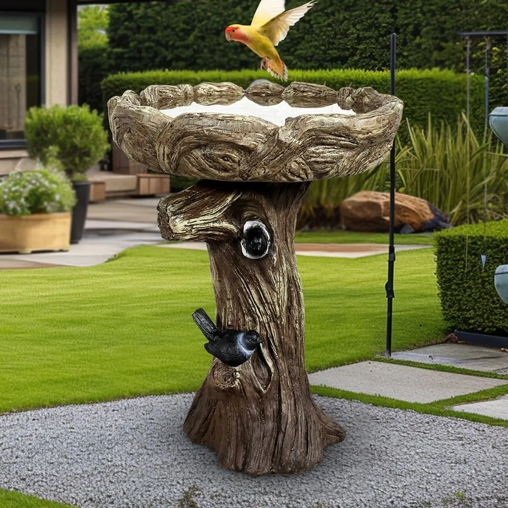 

23” Tall Fibre Reinforced Concrete Birdbaths with Birds for Patio, Woodland Tree Trunk Decorative Outdoor Bird Bath