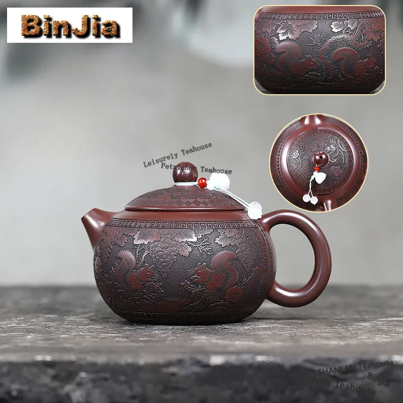 480ml High-end Yixing Purple Clay Teapots Handmade Squirrel Grape Xishi Pot Raw Ore Stone Red Mud Tea Making Kettle Zisha Teaset