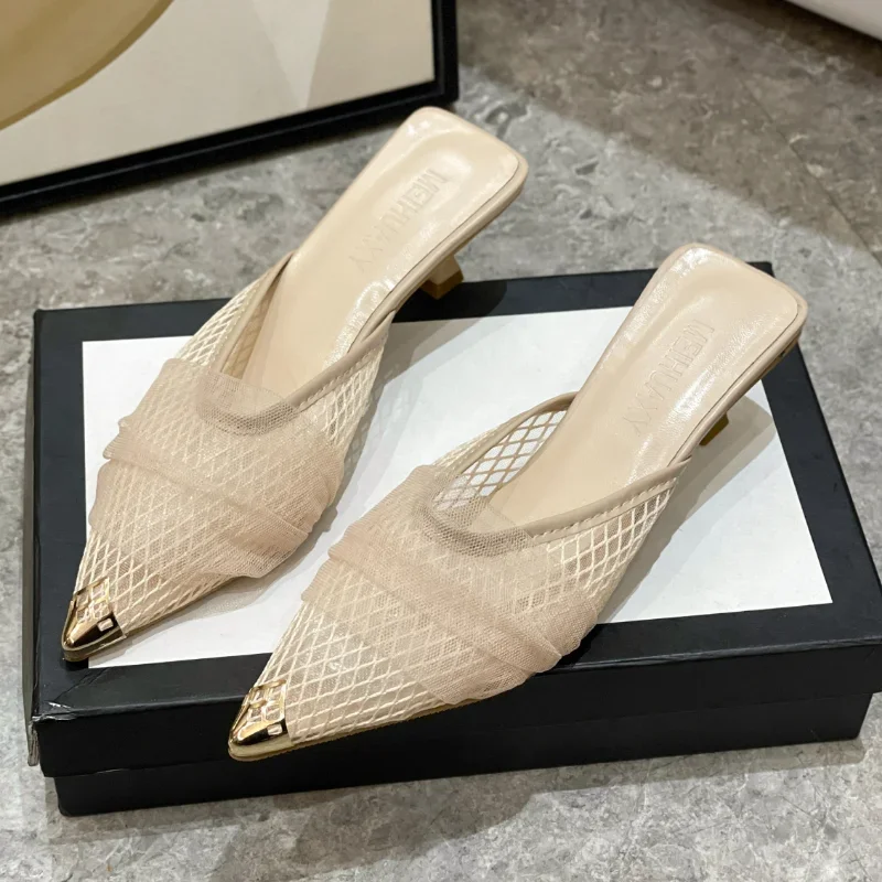 Zapatos de Mules de moda para mujer, zapatillas de exterior, punta estrecha, sandalias informales poco profundas, cómodas, deslizantes de encaje, novedad de verano