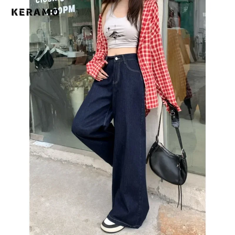 2025 Autumn Women's Casual Harajuku Jeans Vintage Aesthetic Mopping Loose Washed Pants Y2K Solid Color Punk Baggy Denim Trouser