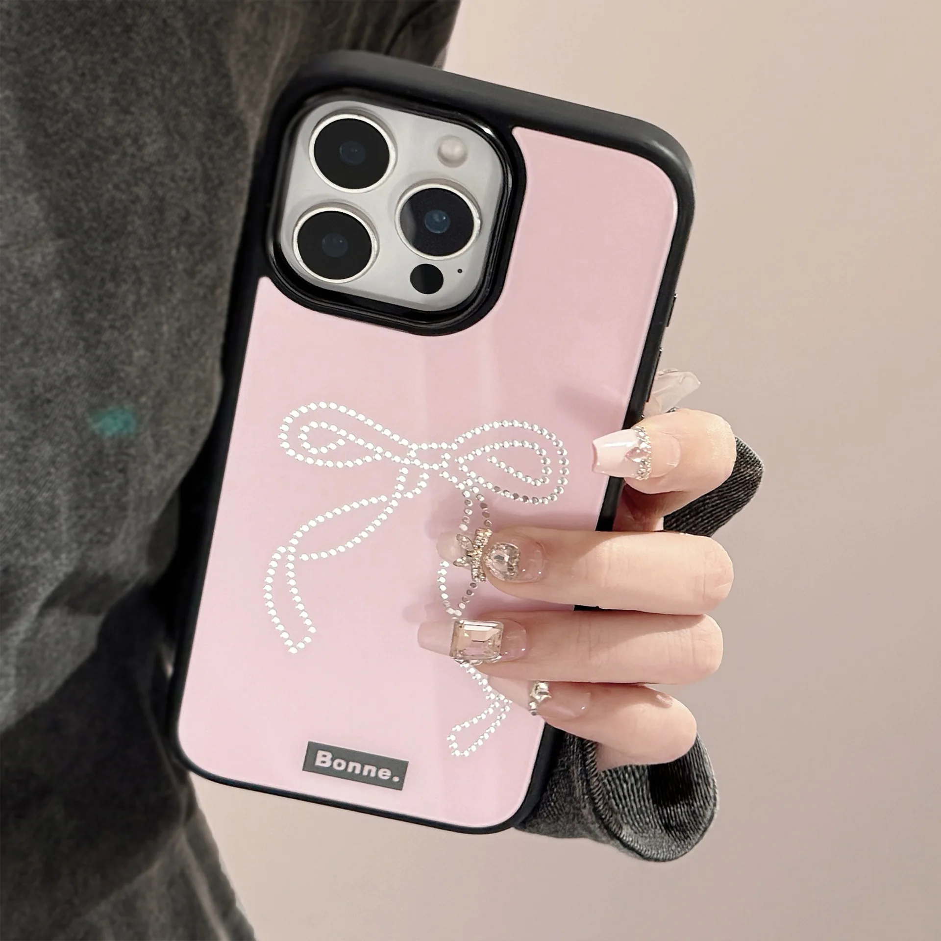 Koreanische Schleife Muster Schwarz Rand Telefon Fall Für iPhone 12 13 14 15 16 Pro Max glänzend Rosa Stoßfest Zurück Hard Cover Coque