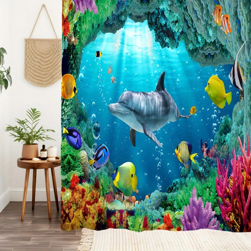 イルカのプリントが施されたサンゴ礁,フック付き防水シャワーカーテン,バスルームとバスタブの装飾,ピンク,1個,3個,4個