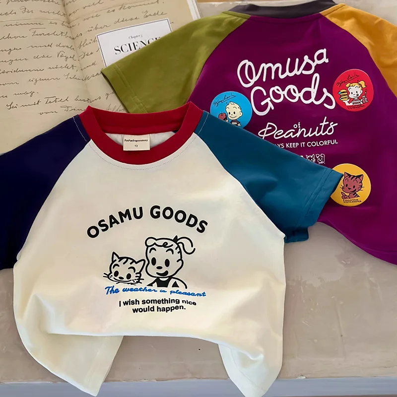 

Childrens Summer Short-Sleeved T-Shirt New Boys And Girls Cotton Color Blocking Cartoon Baby Tees Cartoon Casual Kids Tops