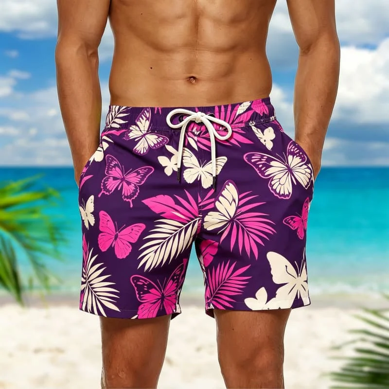 Men's Vibrant Tropical Fruit & Floral Print Casual Shorts ，for Tropical Vacations, Brunch Outings, Casual Trips & Bright Style