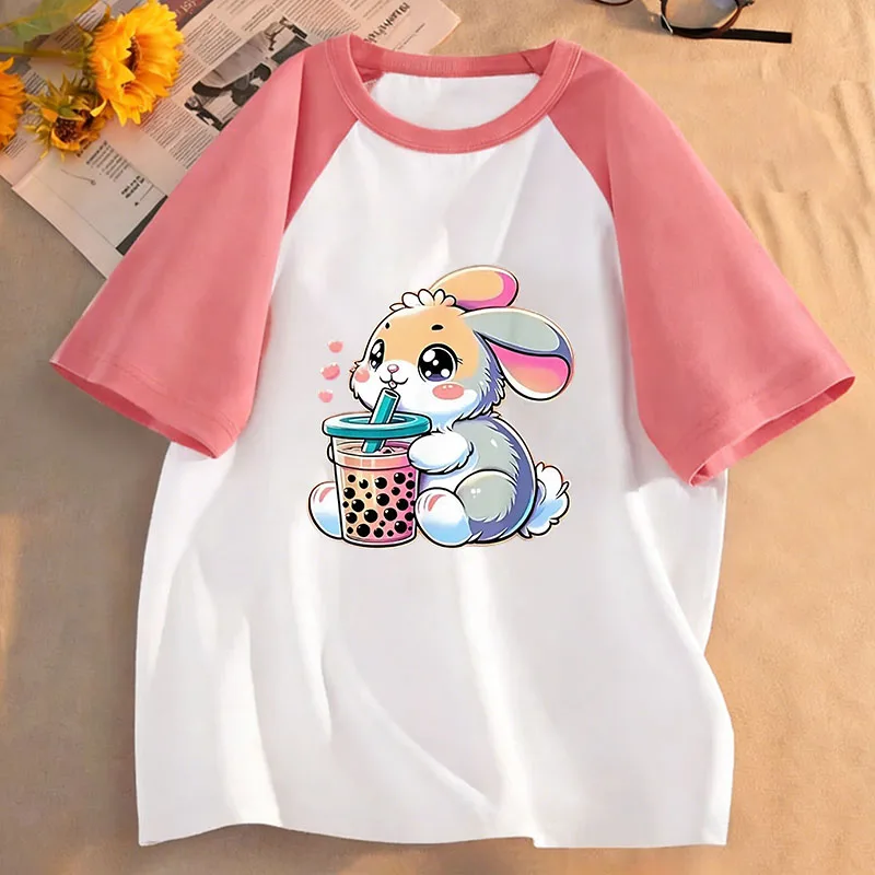 Kawaii Rabbit Graphic Kids Tshirts Summer Short Sleeve Tees Cartoon Animal Boys Girls Clothes Kawaii Tops Y2K Children T-shirt
