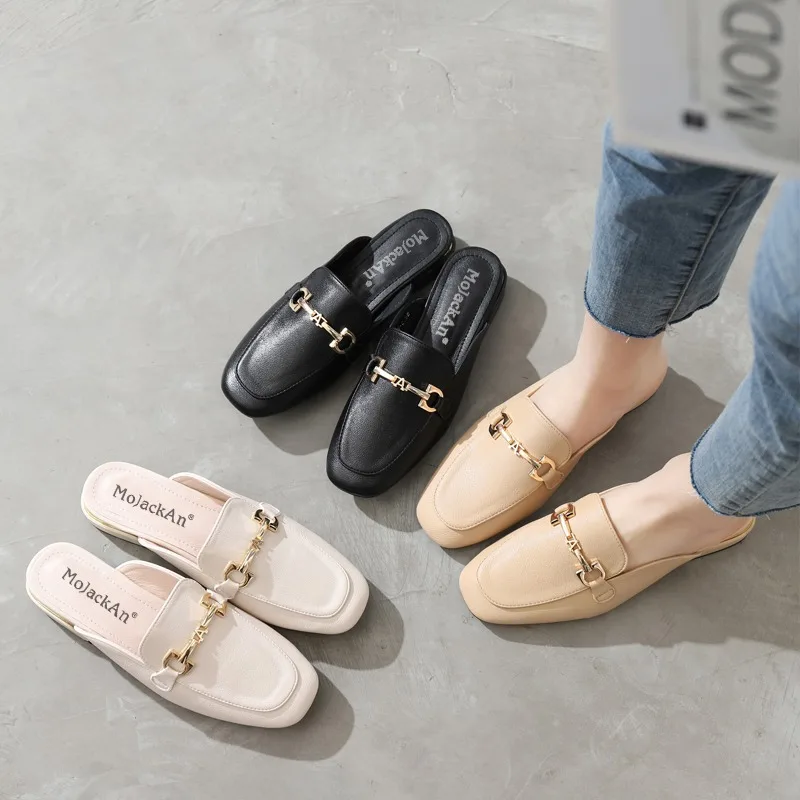 New Style Elegant Women Designer Round Toe Fashion Metal Lady Slipper Sweet Black Female Mules Beach Outside Shoes Zapatos Mujer