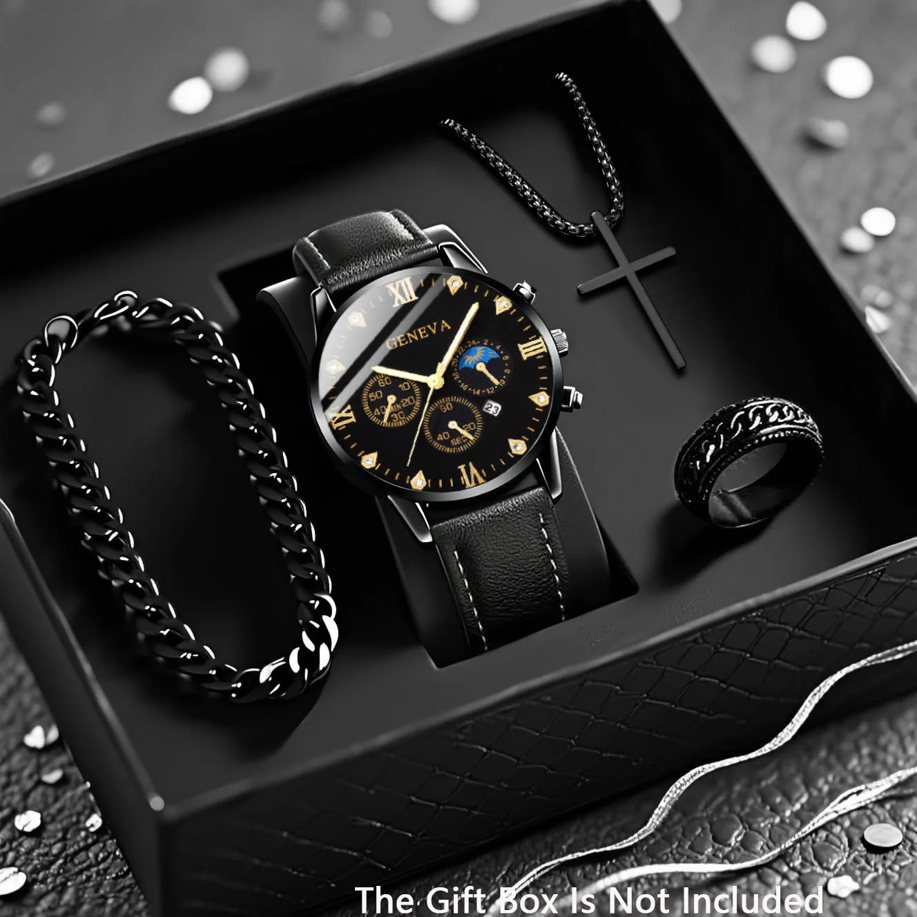 4pcs men's fashionable quartz watch and necklace bracelet ring accessory set, suitable for daily wear and family gifts