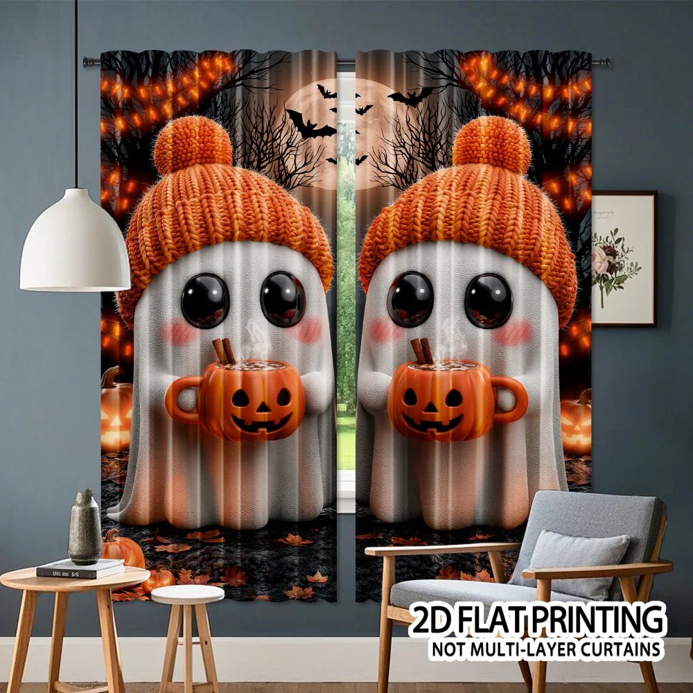2PCS Digital Print Curtains, Pumpkin, Halloween