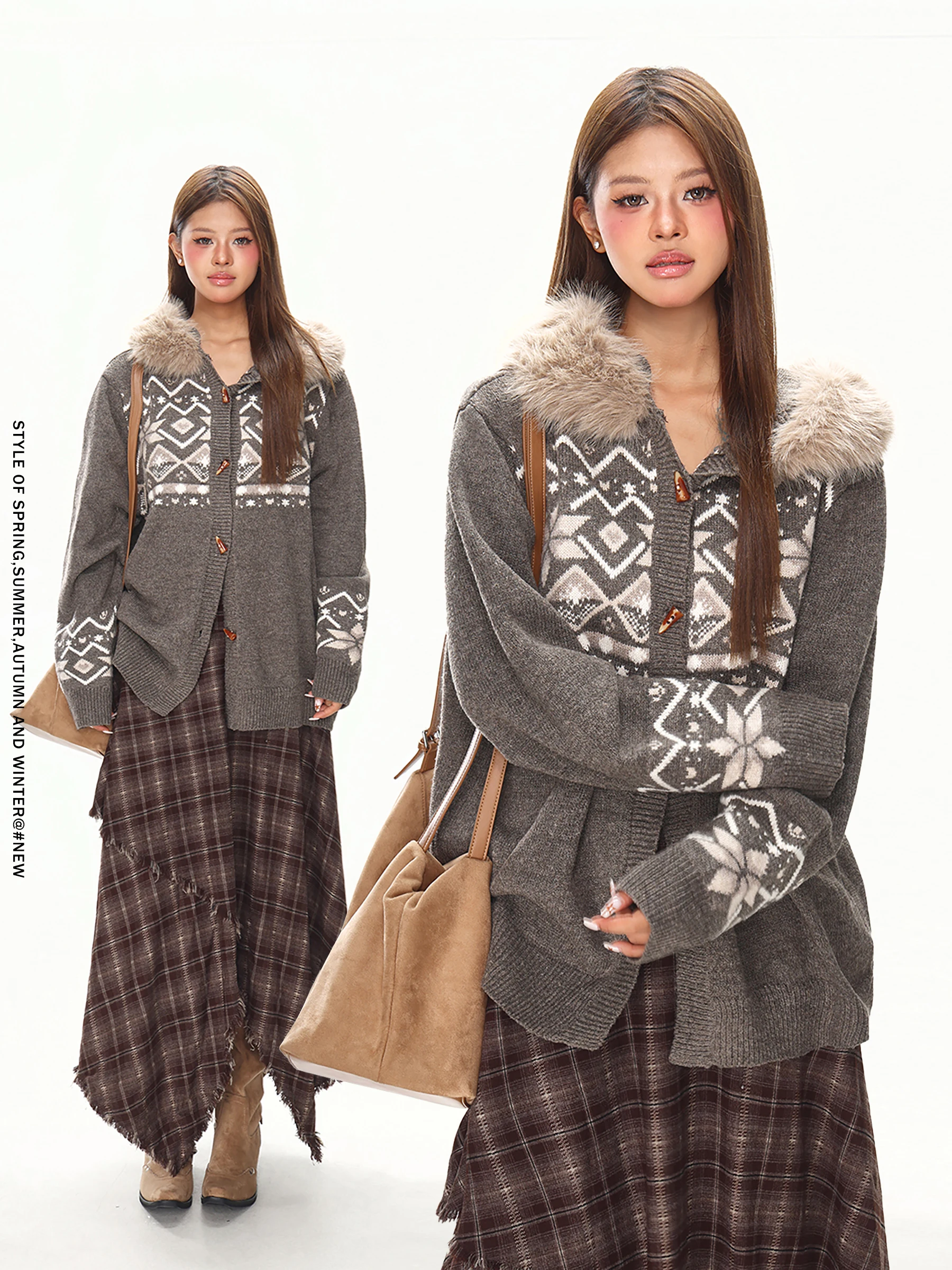 

Женское вязаное пальто IYUE с отстегивающимся меховым воротником, свободного кроя, с длинными рукавами, теплый повседневный свитер