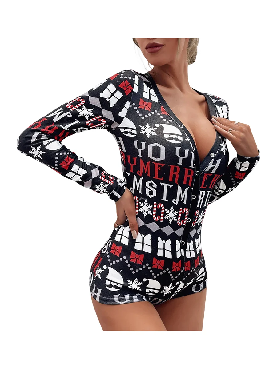 Women s Christmas Short Pajama Romper Long Sleeve Button Down Letter Print Jumpsuit Pajama