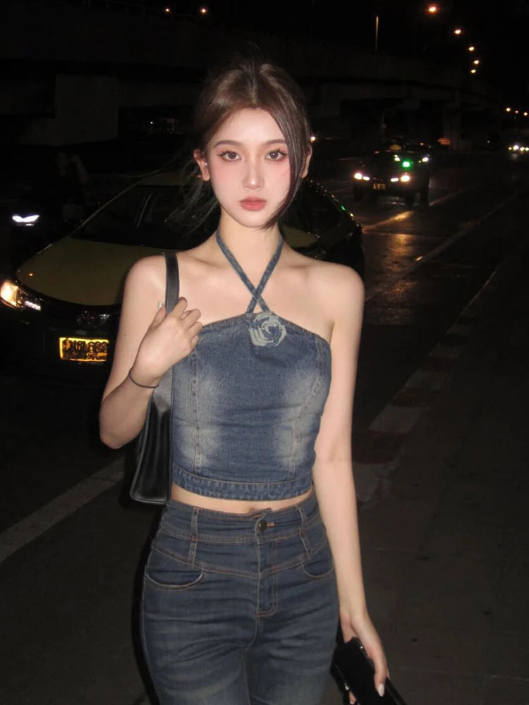 Retro Gray Wash Denim Top Women Sleeveless Halter Tube Top Open Back Sling Vest Summer Camisole Grunge Y2k Streetwear