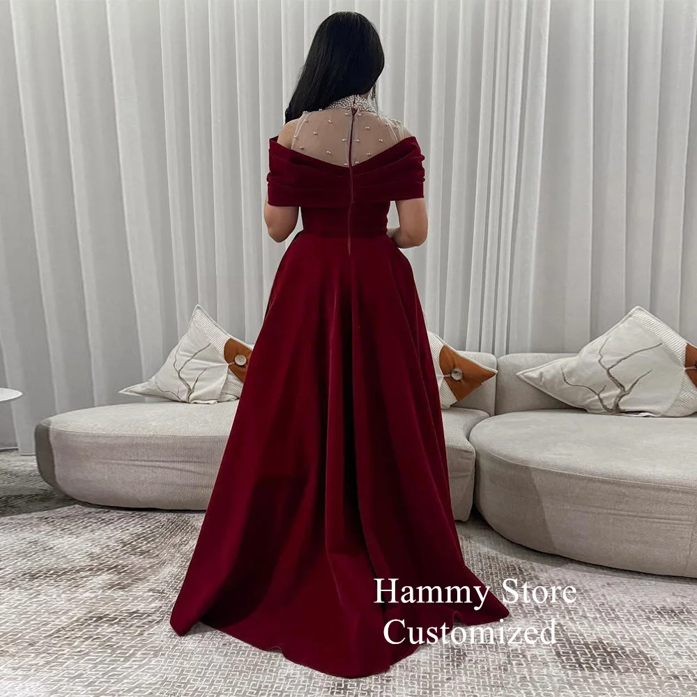 Burgundy Evening Dress Customized Velour Arabic Prom Gown Pearls High Neck Off Shoulder A Line Sweep Train Dubai Party Dresses