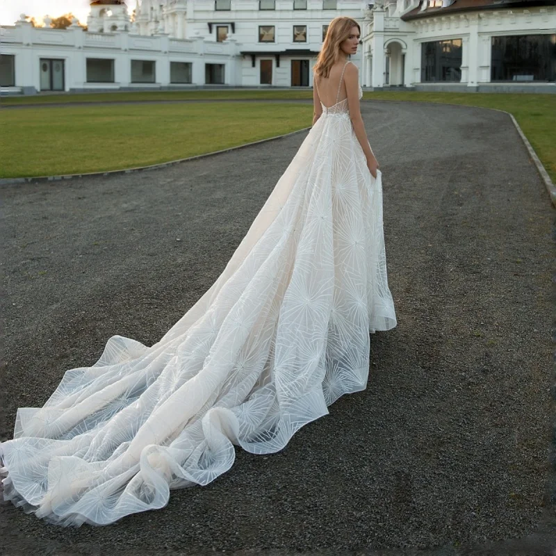 Romantic Starburst Bridal Gown Plunging V-Neck Beaded Straps High Waist Starburst Beaded Tulle A-Line Cathedral Train Customiz