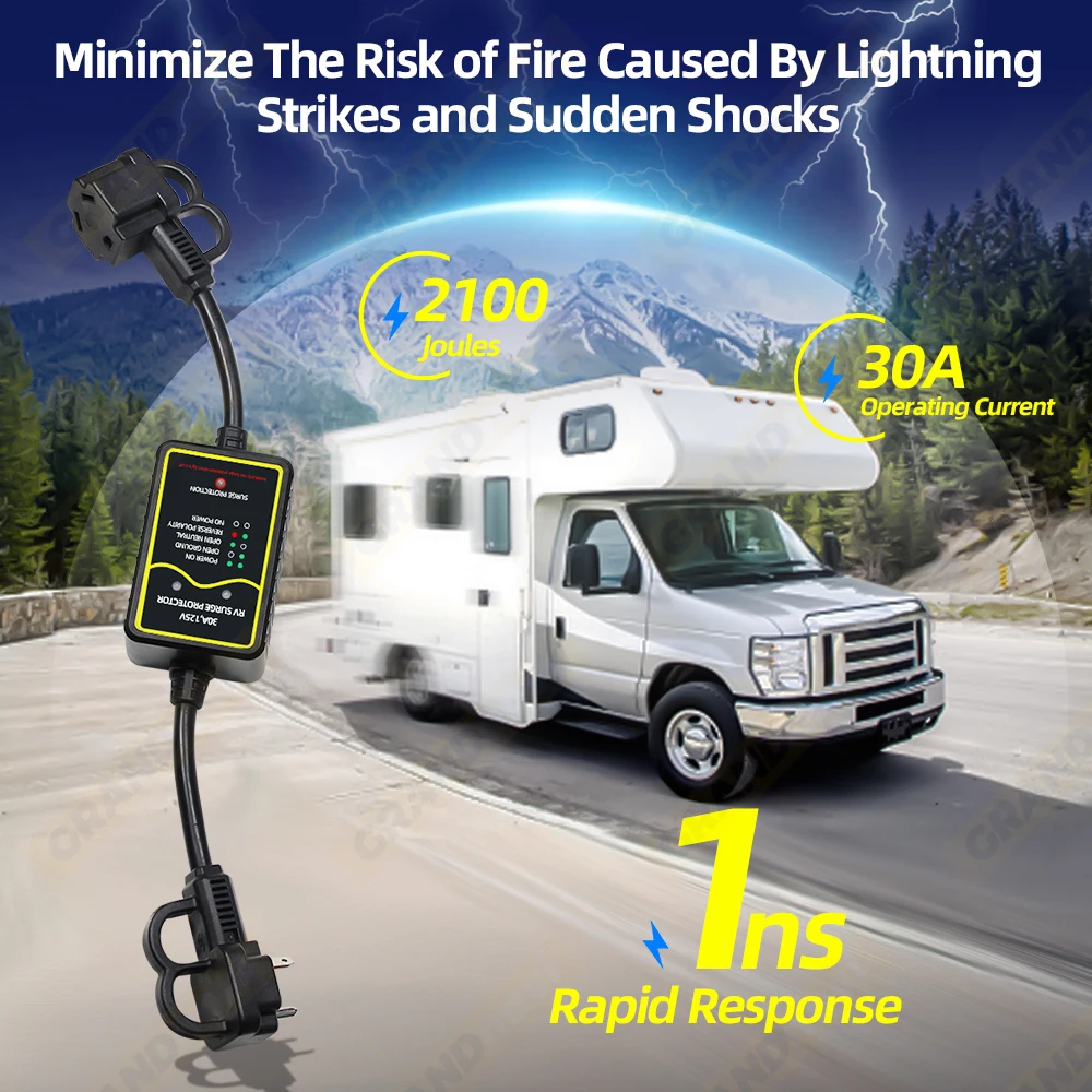 Grandnavi overspanningsbeveiliging 30 Amp voor camperjachten Voertuig beschermt elektrische apparatuur tegen gevaarlijke hoog-/laagspanning