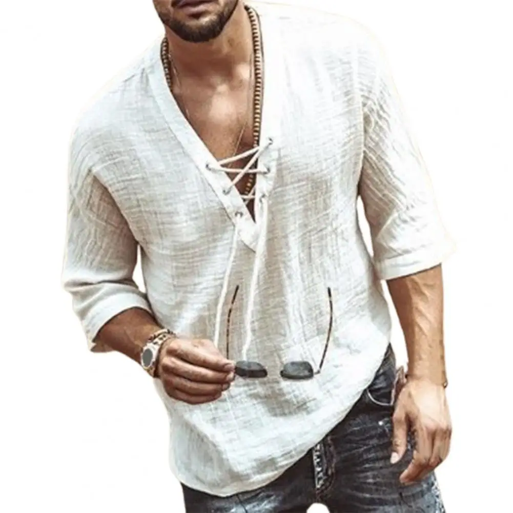 Men\'s White T-shirt Summer Top Casual Shirt Man Blouse Short Sleeve Cotton Linen Shirts Men Loose Shirt Silk