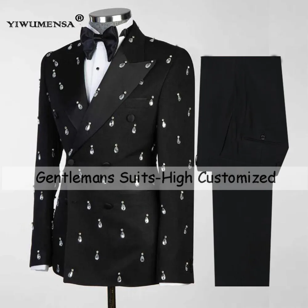 

Luxury Beaded Stoned Suits Men For Wedding Double Breasted Blazers Outfit 2 Pieces Groom Tuxedo Slim Fit Man Banquet Clothing