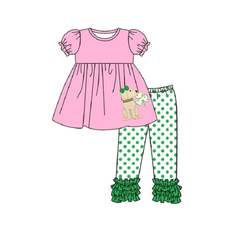 St. Parker green four-leaf clover short sleeve bell-bottom pants set girls clothing milk silk boutique wholesale