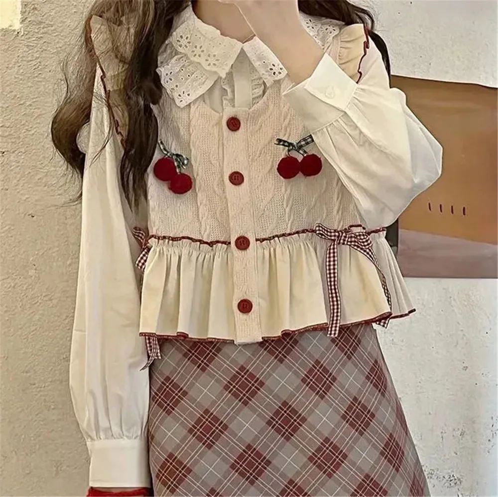 

Autumn 2024 New Kawaii Knitted Sweater Vest Women Patchwork Cherry Bow Sweet Pullover Japanse Style Lolita Sleeveless Waistcoat