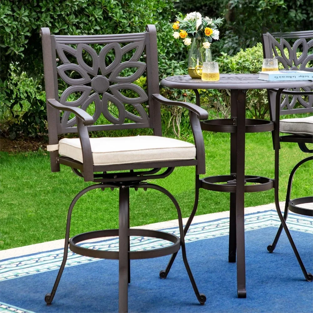 

Patio Furniture Set, Brown 3Pcs Cast Aluminum High Top Table and Swivel Bar Stools with Cushion, Pub Bistro Set for Outdoor