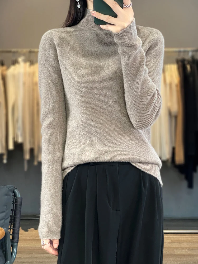 Spring Autumn 100% Merino Wool Sweater Pullover Women's Mock Neck Elegant Slim Solid Ribbed Knitwear Basic Long Sleeve Cashmere