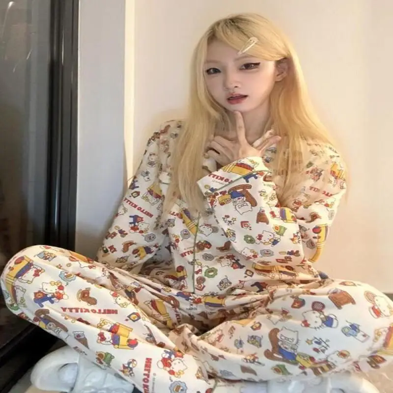 

Sanrio Hot Pajamas Hello Kitty Pajamas Sweet Style Female Spring Autumn New Long Sleeves Trousers Leisure Loose Home Clothing