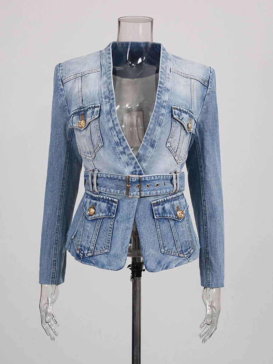 CHICEVER Blau Gespleißt Schärpen Jacke Weibliche V-ausschnitt Langarm Abnehmen Büro Pendeln frauen Jacken Herbst Mode Neue Stil