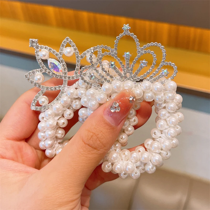 Elastic Rubber Hair Bands for Children, Pearl Crown, Cute Hair Rope, Ties Headdress, Princess Hair Styling Acessórios, Fashion