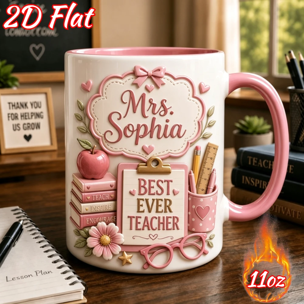 1PC 2D Flat Personalized Campus Teacher Theme Mug Pink Apple Book Stationery Flower Bow Gentle Pattern for Female Teacher Back T