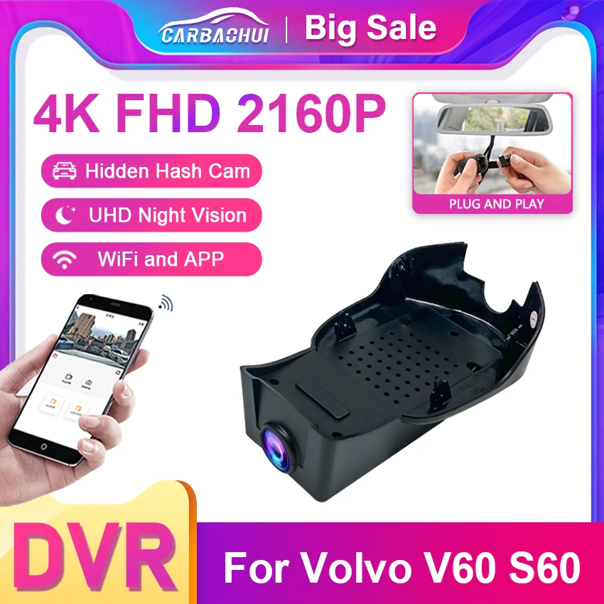 

4K HD 2160P New Plug and Play WIFi Car DVR Video Recorder Dual Lens Dash Cam For Volvo V60 S60 2019 2020 2021 2022 DashCam