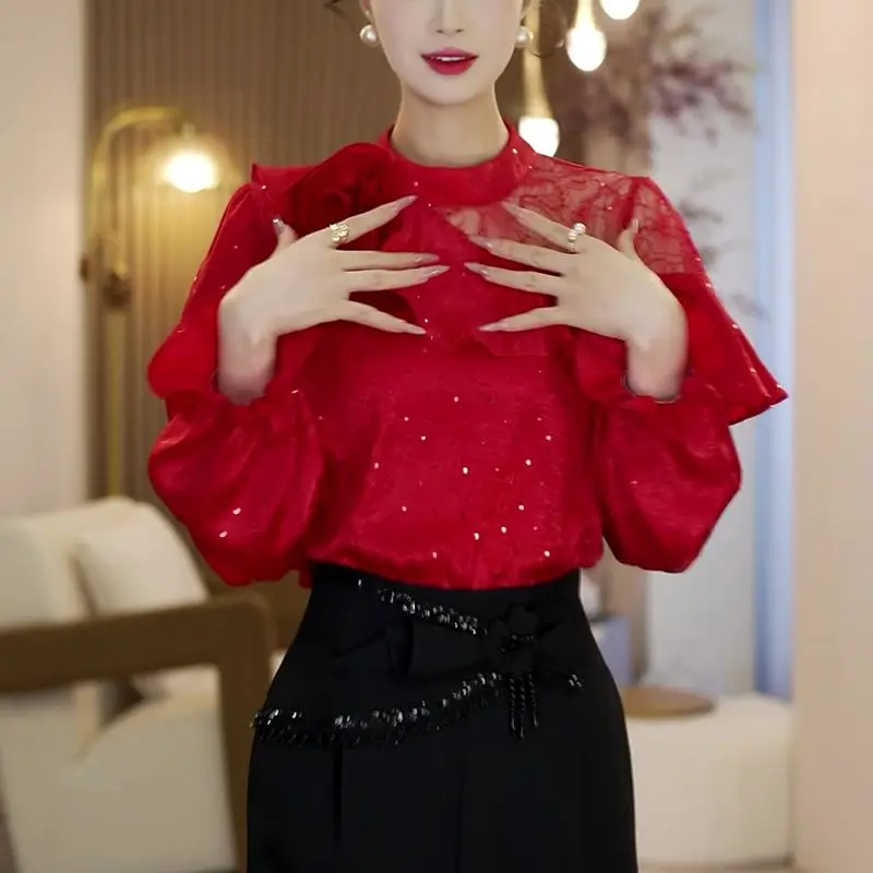 2025 spring new French red three-dimensional flower ruffle shirt women's lace hollow splicing sequined shirt