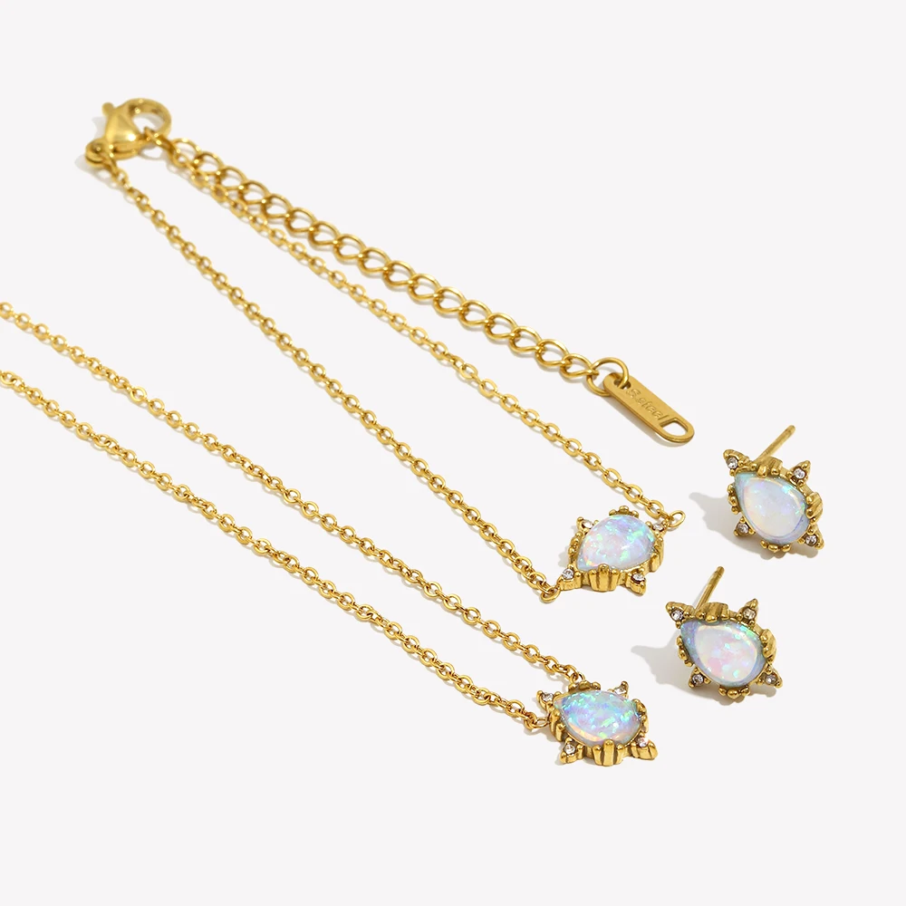 E.B.belle Elegant Bridal\'s Jewelry Accessories Waterdrop Necklace Earrings Bracelets Stainless Steel Blue Opal Stone Jewelry Set