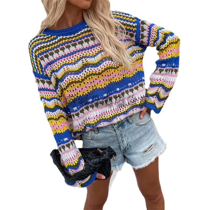 Autumn/Winter New Spliced Knitwear Loose Interlaced Round Neck Striped Sweater for Women
