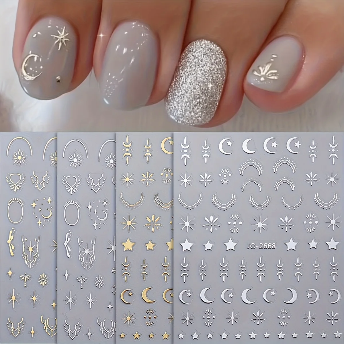 

Set of 4 Bohemian Star And Moon Stickers in Golden & Silvery Colors for Nail Art