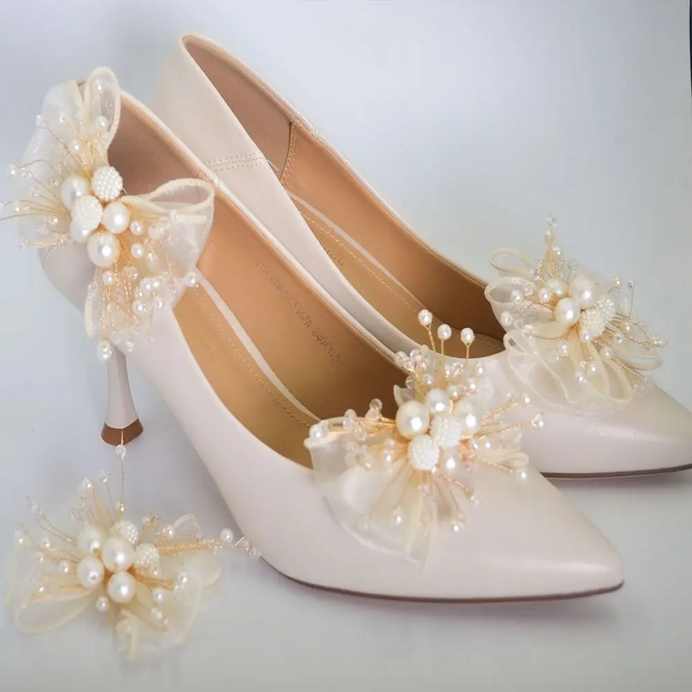 2PC Double Layered Bow Pearl Shoe Clip Removable French style Bag Clip Decorative Elegant Shoe Charms Buckle High Heel