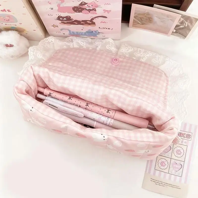 1 Stück Rosa Karierte Spitzen-Aufbewahrungstasche mit Polka-Dot-Schleife, Niedliche und Stilvolle Klapp-Make-up-Tasche für Mädchen, Mittelschülerinnen – Detail 4