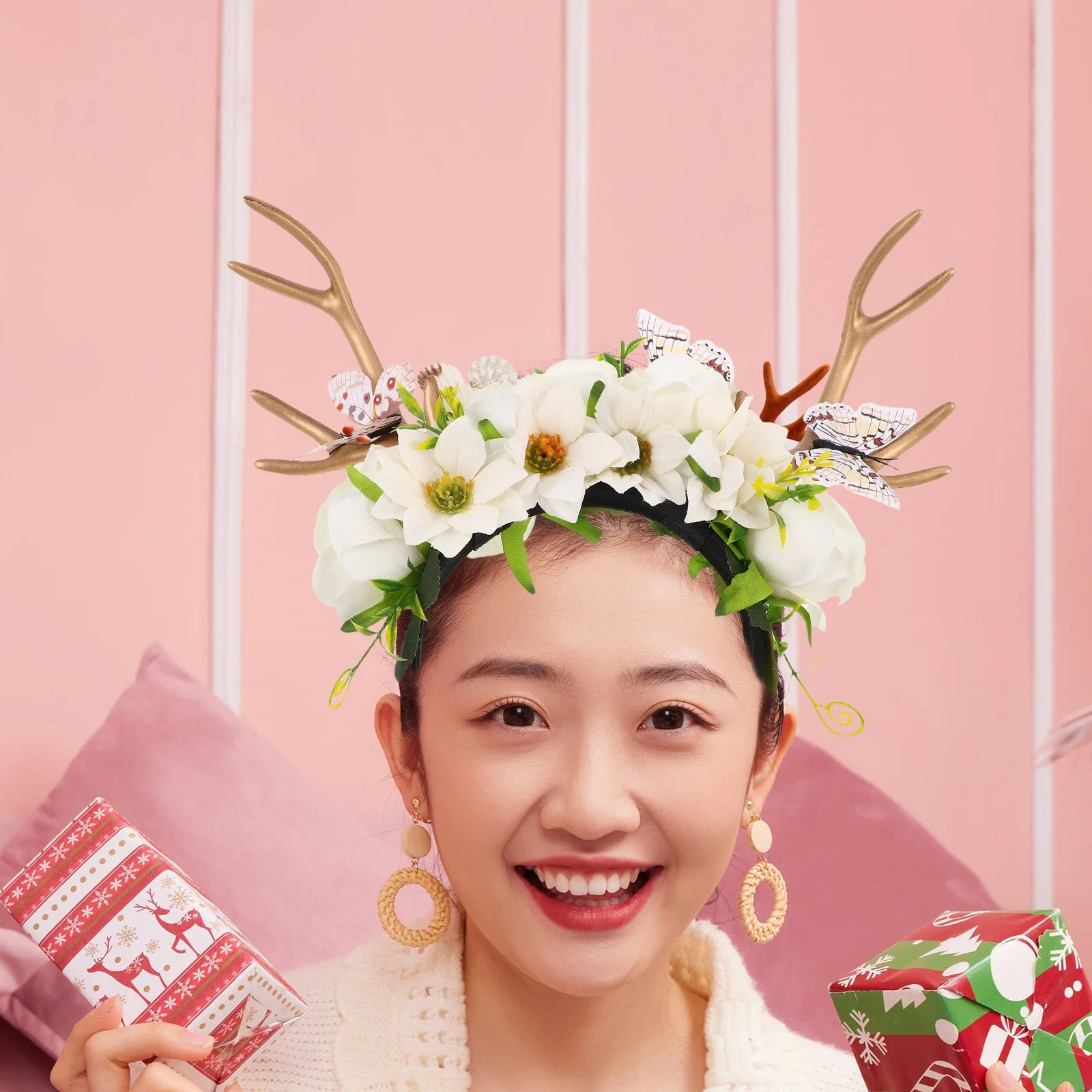 أنيق الغزلان قرن الوعل عقال الأزهار فراشة ديكور الرنة غطاء الرأس حفلة لصالح عيد الميلاد هالوين تأثيري التبعي