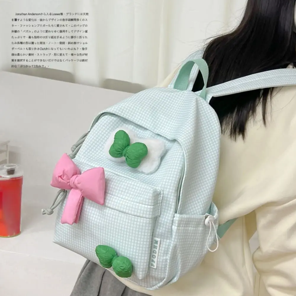 Mochila Kawaii portátil con patrón de rejilla y lazo, bolso escolar de nailon para estudiantes