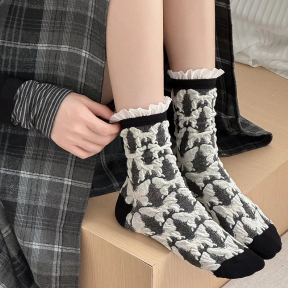5 Pair Fashion Style Women's Socks Personalized Splicing Lace Edge Middle Tube Socks  Autumn Winter Animal Print Cute Woman Sock