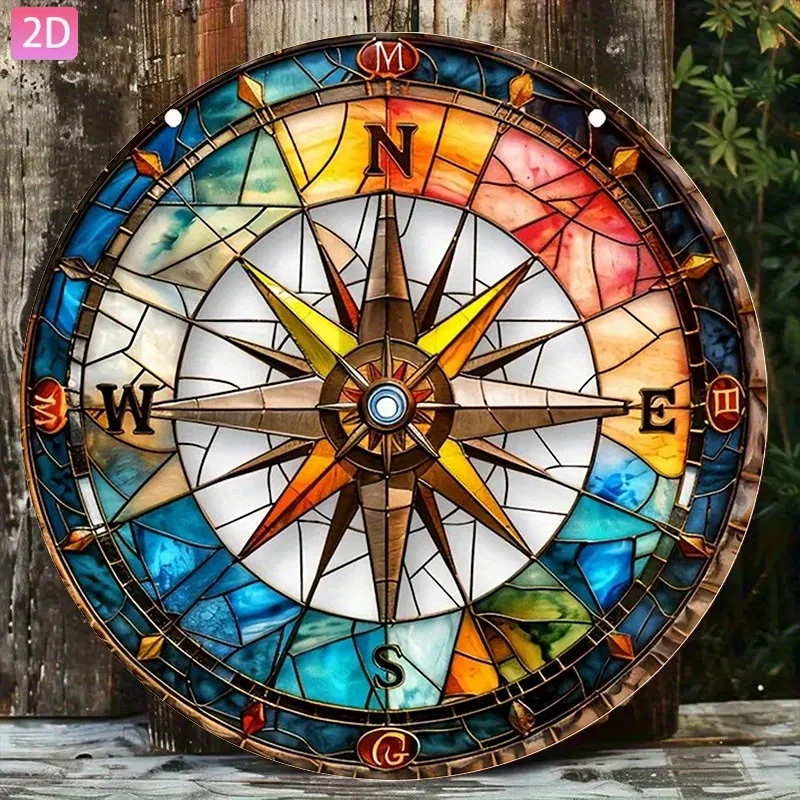 [2D Flat] A Vibrant Vintage Nautical Compass Aluminum Wall Sign, Measuring 20*20 Cm, Perfect for Decorating Patios, Gardens, Kit