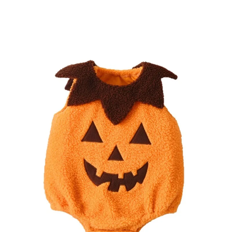 Newborn Infant Baby Orange Pumpkin Hooded Romper Sleeveless Plush Fleece Costume with Green Leaf Halloween Cosplay Playsuit 5