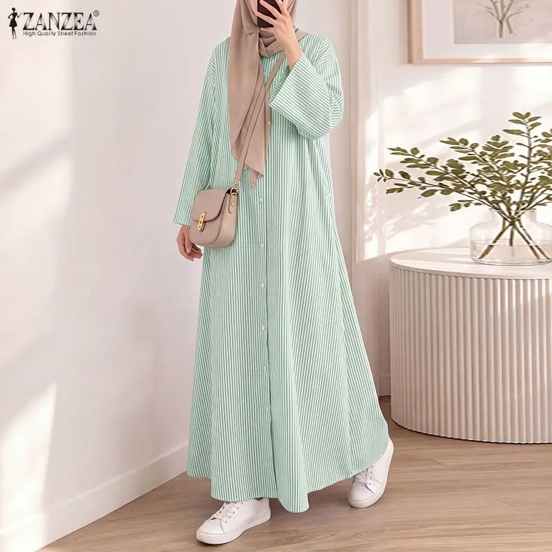 Casual ZANZEA Women Dresses Striped Long Sleeve Button Down Maxi Shirt Dress Loose Muslim O Neck Streetwear Vestidos