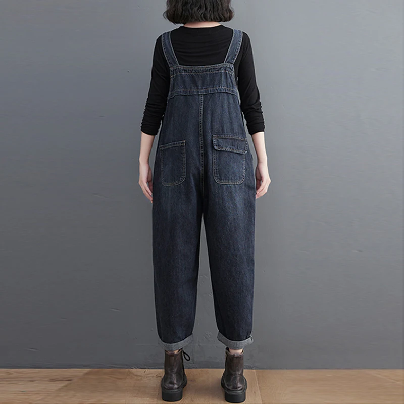 Casual Streetwear Straps Denim Jumpsuit Women Vintage Loose Wide Leg Mom Jeans Overalls Big Pocket Cargo Pants Rompers Dungarees