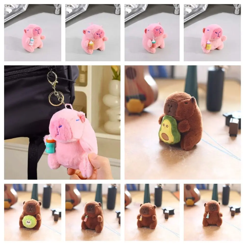 2pcs/set Funny Soft Pink Capybara Key Ring Brown Funny Plush Capybara Pendant PP Cotton Doll Cartoon Animal Keychain Bag Pendant