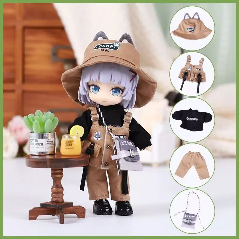 OB11 Outdoor Camping Doll Outfit Animal Ear Bucket Hat & Vest Wolf/Fox Print Workwear Set with Mini Bag Dress Up Accessories