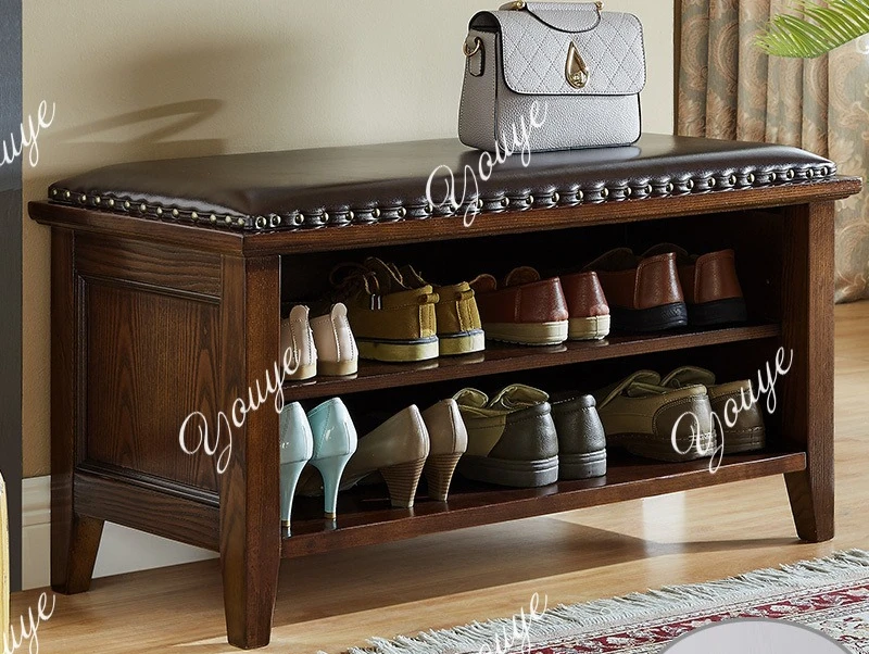 American all-solid wood leather shoe change stool enters the home, shoe stool can sit at the door of the home, simple storage
