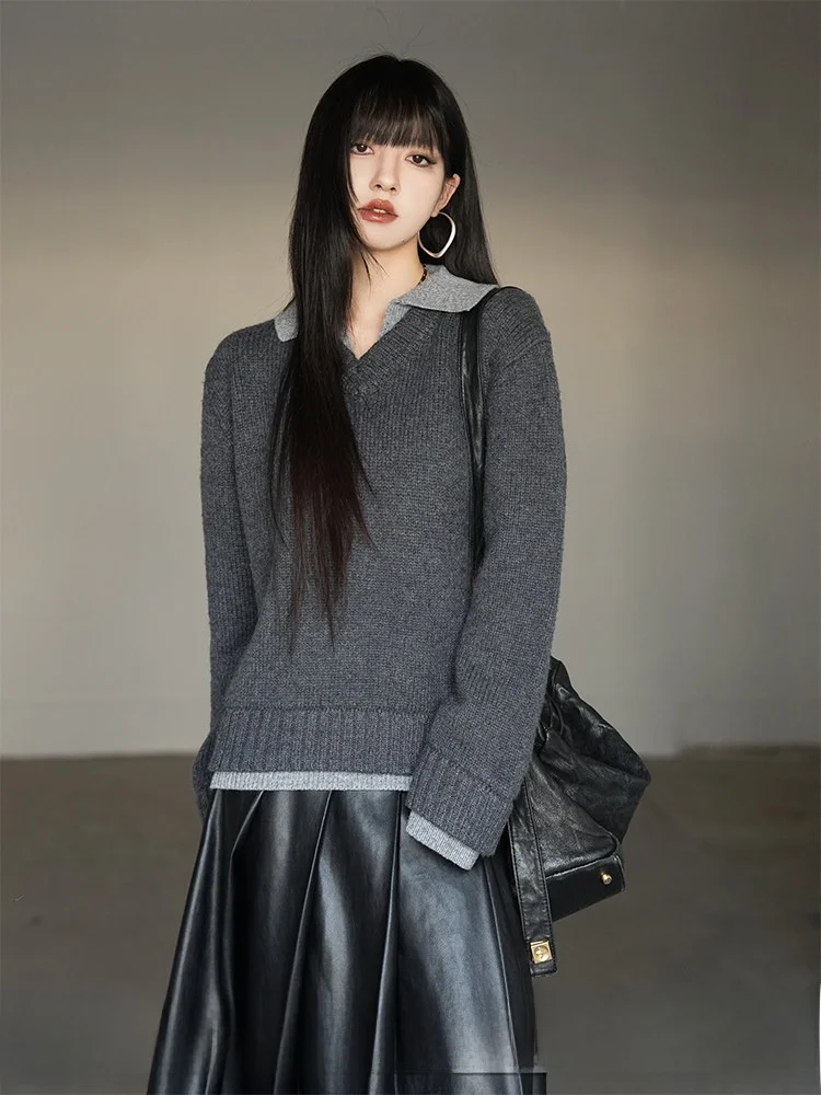 

ay Loose Ne Knitted Sweater Fake Two-Piece Women's Spring Faion Korean Sle Lazy Girl Casual Long Sve Top