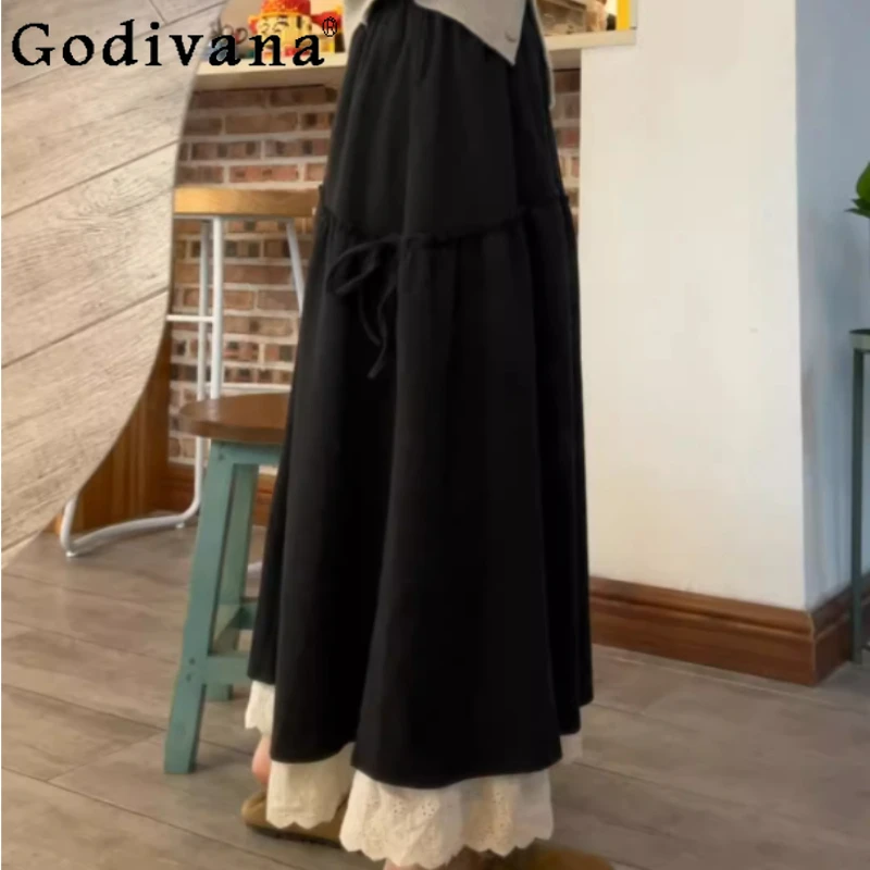 

Large Size French Lace Splicing Women Autumn Winter Shirred Skirt Fashion Age-reducing A-line Korean Version High-waisted Skirts